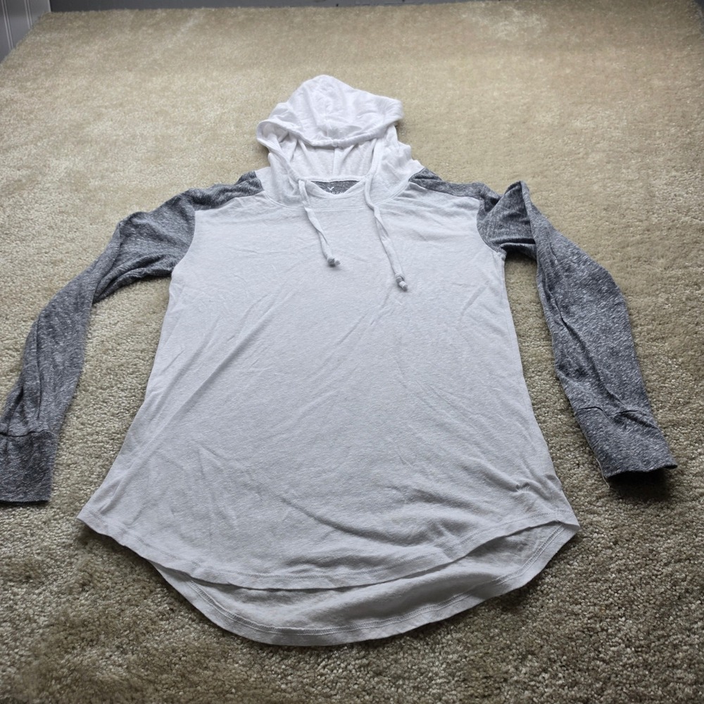 American Eagle Womens Small White Grey Raglan Long Sleeve Hoodie Curved Hem